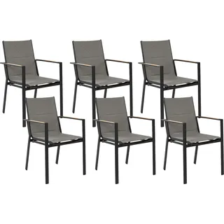BELIANI Gartenstuhl 6er Set Schwarz Aluminium mit Bespannung Grau Stoff Armlehnen Holzoptik Stapelbar Modern Outdoor Indoor Terrasse Balkon Ausstattung - Schwarz, Grau, Braun