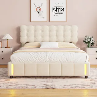 Bett mit Stauraum 140 x 190 cm, Doppelbett in beigefarbenem Samt, Gasdruckfederung, großer Stauraum, gepolstertes Kopfteil, LED-Beleuchtung, modernes Design - Beige