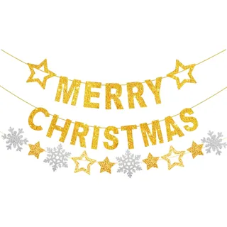 Merry Christmas Girlande Gold Glitzer Weihnachtsdeko Girlande Merry Christmas Buchstaben Stern Schneeflocken Banner Weihnachtsgirlande Weihnachten Deko Weihnachtsdeko Hängend Weihnachtsfeier Deko