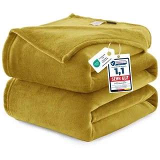 WAVVE Kuscheldecke 220x240 cm Gelb Decke – Flauschige Fleecedecke, Große Warme Sofadecke & Wohndecke, Weicher Sofaüberwurf & Bettüberwurf für Couch und Bett