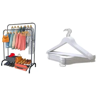 PORTENTUM Kleiderständer Stabil aus Stahl Schwarz mit Rollen und Doppelstange + 10 Kleiderbügel aus Holz Weiß mit Drehhaken | Premium-Lösung für Aufbewahrung und Stil