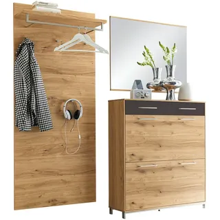 Garderobe , Anthrazit, Eichefarben , Holz, Glas , 3-teilig , Eiche, Balkeneiche , furniert, teilmassiv , 190x195x31 cm , Goldenes M, Made in Germany, DGM-Klimapakt , Garderobe, Garderoben-Sets & Garderoben-Serien, Garderoben-Sets