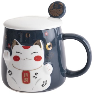 lachineuse - Kawaii Katzen-Tasse Blau - Keramikbecher Katze mit Deckel & Löffel - Teetass, Kaffeetasse - Originaler Japanischer Becher - Geschenkset Japan Asien Süßes Kätzchen