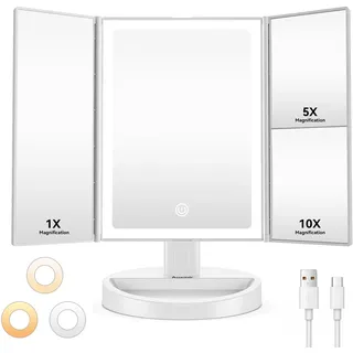 Auxmir Schminkspiegel mit Beleuchtung 10X/5X/1X Vergrößerung, 2000mAh USB Aufladbar Kosmetikspiegel mit Touch Dimmbar Beleuchtung 3 Lichtfarben, Faltbar LED Tischspiegel Vergrößerungsspiegel mit Licht