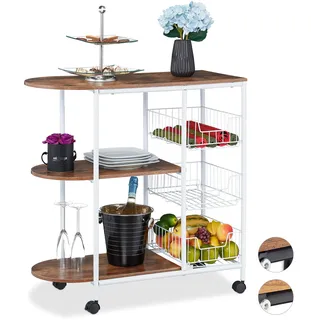 Relaxdays Servierwagen, Küchenwagen mit 3 Ablagen & 3 Körben, Industrial, Metall & MDF, HBT: 84 x 83 x 37 cm, weiß/braun, - 37x84x83 , Esszimmer, Servierwagen