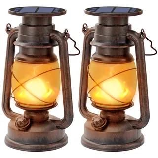 Vintage Solarlaterne für Außen, 2 Stück Solar Laternen mit Flammeneffekt | Retro LED Solarlampen Hängend Wasserdicht, 1200mAh 8-10h Leuchtdauer, Wetterfest Gartenlaterne für Garten Terrasse Camping