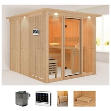 Bild Sauna »Artja«, (Set), naturbelassen, mit Ofen 9 kW Bio ext. Steuerung beige
