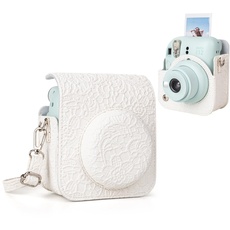 MUZIRI KINOKOO Mini 12 Kameratasche Kompatibel für Fuji Instax Mini 12 Sofortbildkamera - PU-Leder Geprägtes Muster Mini 12 Tragetasche Schutzhülle - mit Abnehmbarem Verstellbarem Gurt, weiß,