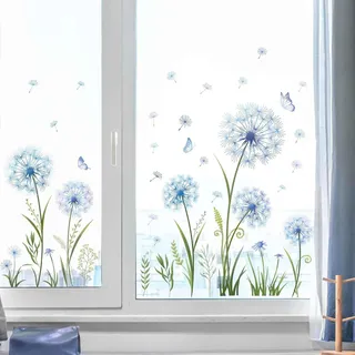 Srvauyea Wandtattoo Pusteblume, Blau Pusteblume Wandtattoo, Pflanzen Schmetterling Fenstersticker, Geeignet zum Dekorieren von Glas, Türen, Fenstern, Wänden