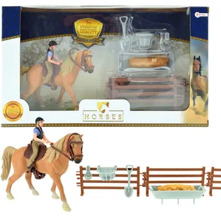 Toi-Toys 37160A - Braunes Pferd mit Reiter und Zubehör Horse Horses Pferdestall Zaun Pferdeset Reiterset - Bunt