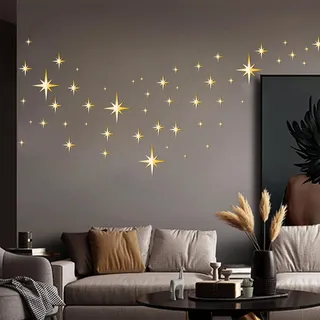 Spiegel Wandaufkleber Stern 82 Pcs 3D Wandtattoo Spiegel Sternen Sticker Acryl Selbstklebend für Home Wohnzimmer Schlafzimmer Dekor (Gold)