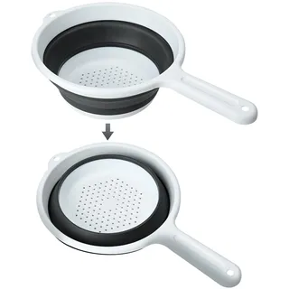 4UBonLife Silikon Faltbares Seiher Sieb Mit Griff, Klappbar Abtropfsieb Zusammenklappbares Nudelsieb, Kunststoff Küchensieb Platzsparender Küchen Filterkorb für Abtropfen Nudeln Gemüse Obst, Weiß/Grau