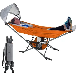MOCK ONE Hängematte mit Gestell und Verstellbarem Sonnenschutz, Hängematte Outdoor mit Gestell Klappbar mit Stahlrahmen für Garten, Camping, Strand, Orange