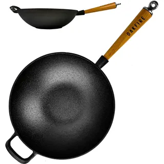 Oakfire Wokpfanne Gusseisen Induktion 31cm Groß Grill Wok Pfanne Holzgriff Cast Iron mit Non-Stick Patina