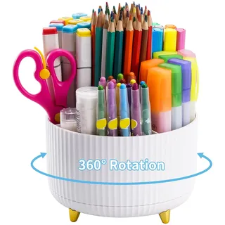 Marbrasse Schreibtisch Organizer,360 Grad Drehbarer Stifthalter für Schreibtisch Zubehör mit 5 Fächer,Stifte Organizer,Stift Aufbewahrungsbox für Büro Zuhause(Weiß)