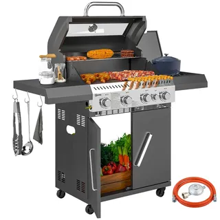 Outsunny Gasgrill 12 KW 5 Brenner Seitenkocher Deckel 135 x 54 x 110 cm | BBQ Gartengrill, Gasschlauch, Druckminderer, Rolle, Grillwagen, 2 Heizzonen, Seitenablagen, Thermometer, für Balkon, Grill