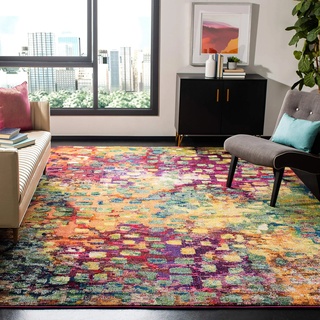 SAFAVIEH Boho Teppich für Wohnzimmer, Esszimmer, Schlafzimmer - Monaco Collection, Kurzer Flor, Pink und Multi, 160 x 160 cm