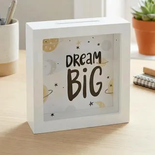 MIJOMA Spardose aus Holz mit Glasfront – dekorativer Sparrahmen für Geldgeschenke zu Hochzeit, Geburtstag, Reise & mehr – kreative Geldbox (Dream Big - weiß, 15 x 15 x 5 cm)