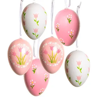 Logbuch-Verlag 6 Ostereier zum Aufhängen rosa pink weiß mit Blumenmuster - Ostern Osterstrauch Deko Eier 6 cm
