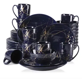 Lucenzo Serviesset – 32-teilig – 8 Personen – Essteller, tiefe Teller & Frühstücksteller – Dunkelblau/Gold – Keramik - Dunkelblau, Gold