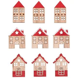 Rayher Holz-Streuteile, Haus, 9 Stück, 4,2 - 4,5 cm, sortiert, mit Klebepunkt, Holzstreuer Tischdeko, Tischstreuer, Streudeko, 46711000