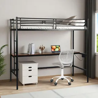 FurnitureR Hochbett 90x200 cm Metall mit Schreibtisch, Metall Bettrahmen mit Ladestation (2 AC Steckdosen 2 USB Ports), ohne Matratze,Absturzsicherung & Lattenrost,Treppe– Schwarz