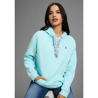 Kapuzensweatshirt DELMAO, Damen, Gr. 36/38, türkis, angeraute Sweatware, Obermaterial: 80% Baumwolle, 20% Polyester, bestickt, unifarben, lässig geschnitten hüftbedeckend, Rippbündchen, Sweatshirts Kapuzensweatshirt, Weiche Baumwollmischung mit Kängurutasche und bedruckter Kordel