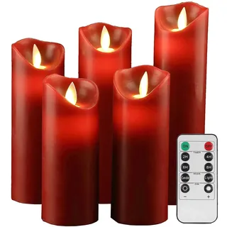YIWER LED Kerzen Flammenlose Kerzen 12/15/17/20/22CM Set aus 5 Echtwachs mit realistischen tanzenden LED Flammen und 10-Tasten Fernbedienung mit 2/4/6/8-Stunden Timer,300+ Stunden (Rot, 5×1)