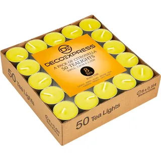 Deco Express Citronella Teelichter, 100er- oder 50er-Pack Duftkerzen Teelichter 4 oder 8 Stunden Brenndauer (Gelb 50/8 Stunden)