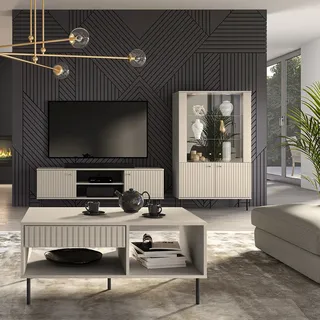 Wohnwand mit Couchtisch in kaschmir matt SALOU-131 modern 3-teilig mit Rillenoptik - Beige