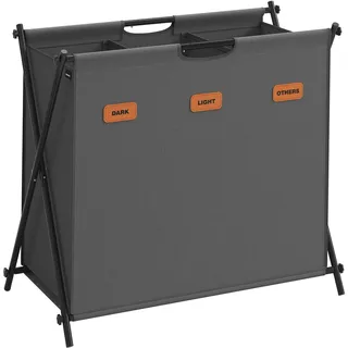 SONGMICS Wäschekorb, Wäschesammler 135 Liter, Wäschebox, 3 Fächer, klappbares X-Gestell, individuelle Etiketten, für Waschküche, Schlafzimmer, Badezimmer, schiefergrau LCB130G01