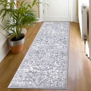 SHACOS Läufer Flur 60x180 cm Läufer Teppich Boho Teppichläufer rutschfest Küchenteppich Waschbar Kurzflor Flur Teppich Läufer für Küche, Wohnzimmer, Schlafzimmer, Eingang, Grau
