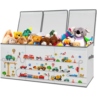Extra Groß Aufbewahrungsbox mit Deckel Kinder, Zusammenklappbare Oxford-Spielzeugkiste mit Griff für Mädchen Jungen, Wasserdichte Spielzeug Aufbewahrung im Kinderzimmer, 96×32×40 cm (Straßenfahrzeuge)