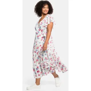 Chiffonkleid SHEEGO BY JOE BROWNS "Chiffonkleid", Damen, Gr. 50, Normalgrößen, weiß (weiß bedruckt), Chiffon, 100% Polyester, geblümt, gemustert, mehrfarbig, lang, V-Ausschnitt, Kleider Chiffonkleid