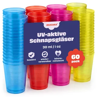 MATANA 60 Bunte Shotgläser Plastik, Schnapsgläser (3cl) - Neon Becher Schwarzlicht - Shot Becher, Schnapsbecher, Plastik Pinnchen, Schnaps, Shotbecher - Party Zubehör - Stabil & Mehrweg