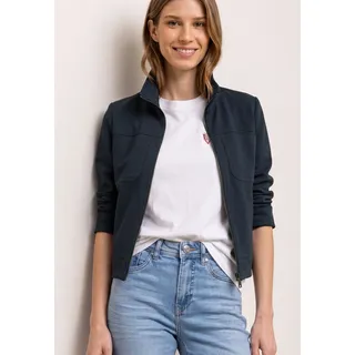 Blouson STREET ONE, Damen, Gr. 46, blau (shadowed navy), Web, Obermaterial: 65% Viskose, 30% Polyamid, 5% Elasthan. Futter: 100% Polyester, unifarben, normal hüftlang, Rundhals, abgesteppte Kante, Jacken Blouson, mit Zipper und Brusttaschen