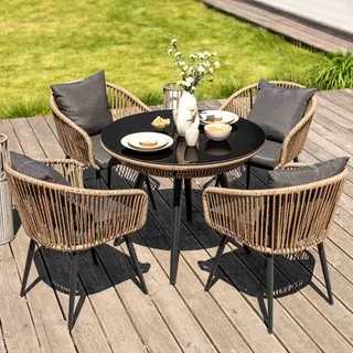 di volio Gartenmöbel-Set RIETI Beige/Grau, Terrassenmöbel aus Polyrattan und Stahl, Gartenmöbel für 4 Personen - Couchtisch & 4 Stühle - Bronze