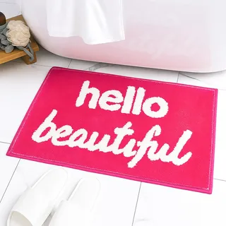 APOMOONS Rosa Badezimmerteppich 40×60cm Weiche Badematte “Hello Beautiful”, Saugstarker Duschvorleger, Pink rutschfeste Badematte Badvorleger Waschbar, Teppich Badezimmer für Bad, Dusche, WC