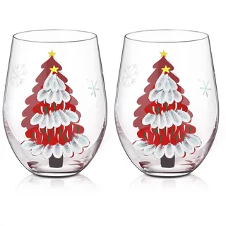Joeyan 560ml Weihnachtsgläser,Weihnachten Weinglas ohne Stiel,Weihnachtsfeier Weihnachtsgeschirr Set of 2,Kristall Glühweingläser mit Hand Bemalt Rot Weihnachtsbaum Schneeflocken,Weihnachtsgeschenke