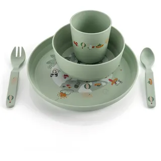 Reer Kindergeschirr Set | Motiv: Little Explorer | Geschirr für Kleinkinder aus 100% ISCC-zertifiziertem Material | 5-teilig | BPA-frei* | spülmaschinengeeignet