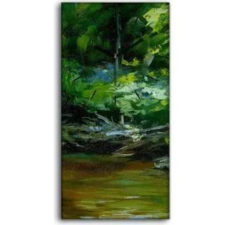Wanduhr Bürouhr Leinwand Bild Quarz 30x60 Grün Fluss Strom Landschaft Wald - schwarze Hände - Grün