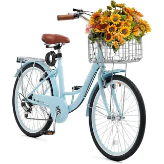 Vevor Cruiser Fahrrad mit 7 Gängen (Reifendurchmesser 61 cm)Beach Fahrrad mit großem Korb & Gepäckträger, Cruiser-Fahrrad mit verstellbarem Sitz, für Radfahren & Trainieren & Einkaufen Blau
