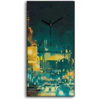 Wanduhr Leinwand Bild Uhr Kunstdruck 30x60 bunte Licht der Stadt mit Gebäuden - schwarze Hände - Grün