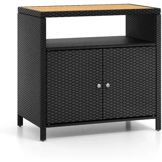 FANTASK Outdoor Gartenschrank Rattan, Terrassenschrank mit Akazienholz-Arbeitsplatte, offenem Fach und Doppeltür 90 x 53 x 86 cm