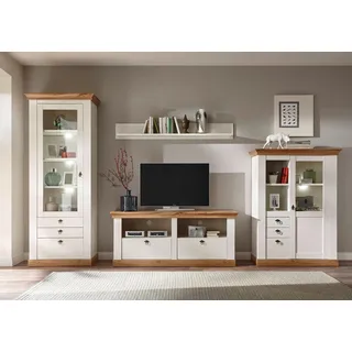 Home affaire Wohnwand "Cremona, Anbauwand im Landhausstil, Komplettset, Wohnzimmer-Set", pinie weiß nb, pinie weiß nb, applikation wotan eiche nb