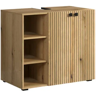 trendteam smart living PureBliss Waschbeckenunterschrank Evoke Eiche Rillenoptik 3 Offene Fächer 1 Einlegeboden 90 x 79 x 53 cm Edle Metallgriffe Badezimmer