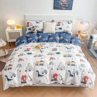 DJY Dinosaurier-Bettwäsche-Set für Doppelbett, 100% Baumwolle, Motiv: Dino-LKW, Auto, Bettwäsche-Set für Jungen und Mädchen, 2-teilig, wendbar, Dinosaurier-Bettbezug-Set (1 Bettbezug + 1 Kissenbezug)