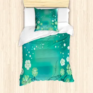 ABAKUHAUS Green Flower Mantele, Flora, Milbensicher Allergiker geeignet mit Kissenbezügen, 135 cm x 200 cm - 80 x 80 cm, Pistazie Turquoise - Türkis