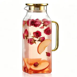 Glaskaraffe 2 Liter, Wasserkaraffe mit Deckel, Karaffe Glas für Kühlschranktür, Wasserkrug Quadratischer mit Becherbürste für Kaltes Heißes Wasser Wein Saft Tee Milch DIY Getränke (Vertikale Rillen)