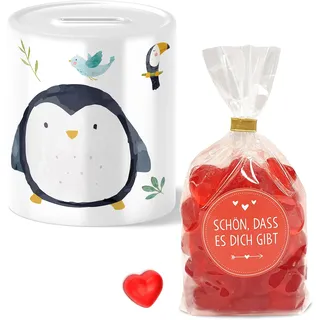 OWLBOOK® Safari Pinguin Spardose mit Fruchtgummiherzen Geschenke Geschenkideen für Jungs Jungen zum Geburtstag Weihnachten Einschulung Taufe Geburt Sparschwein